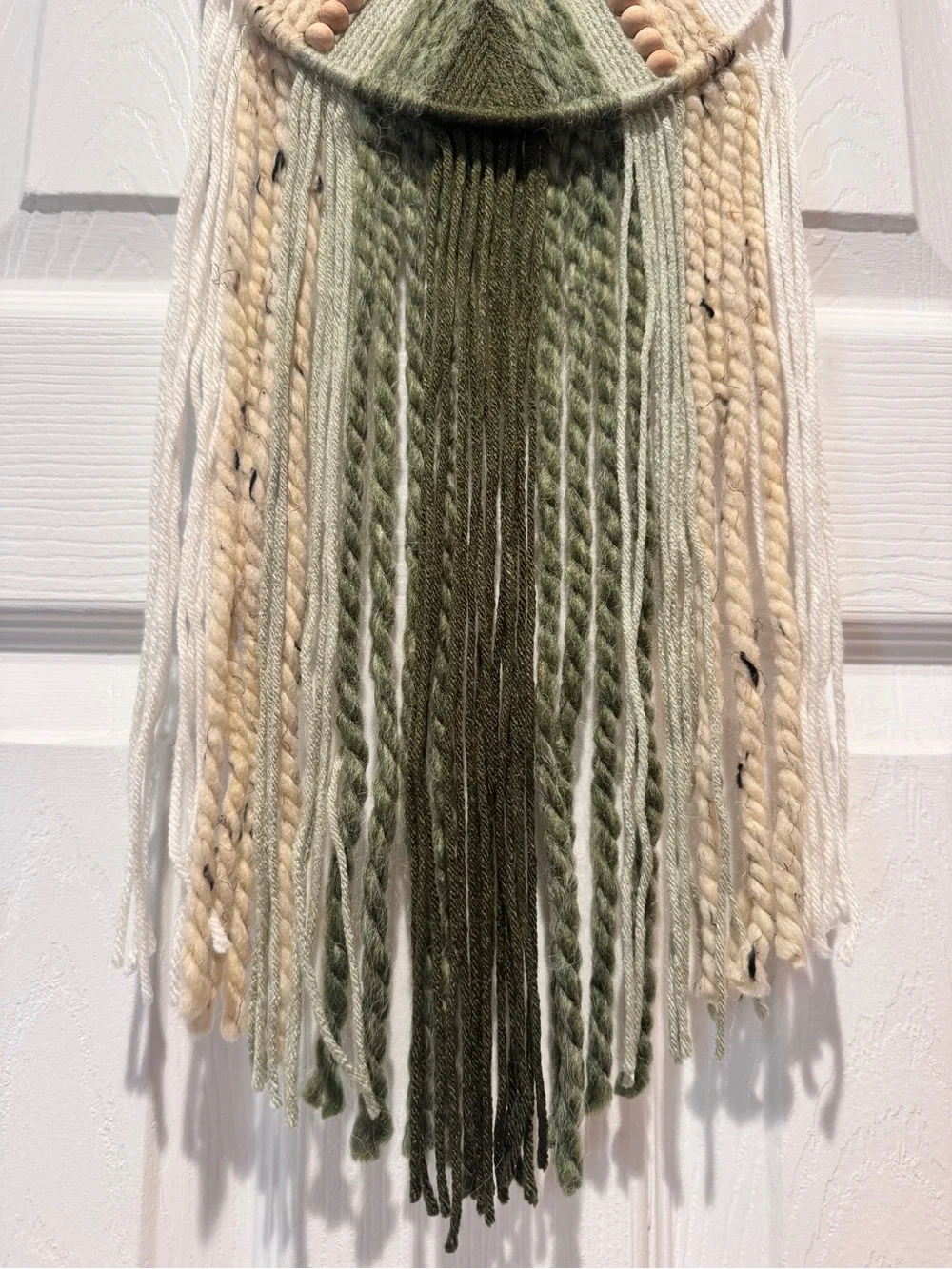 Dark Green and Beige Beaded Yarn Hoop Wall Hanging Macrame Wall Art